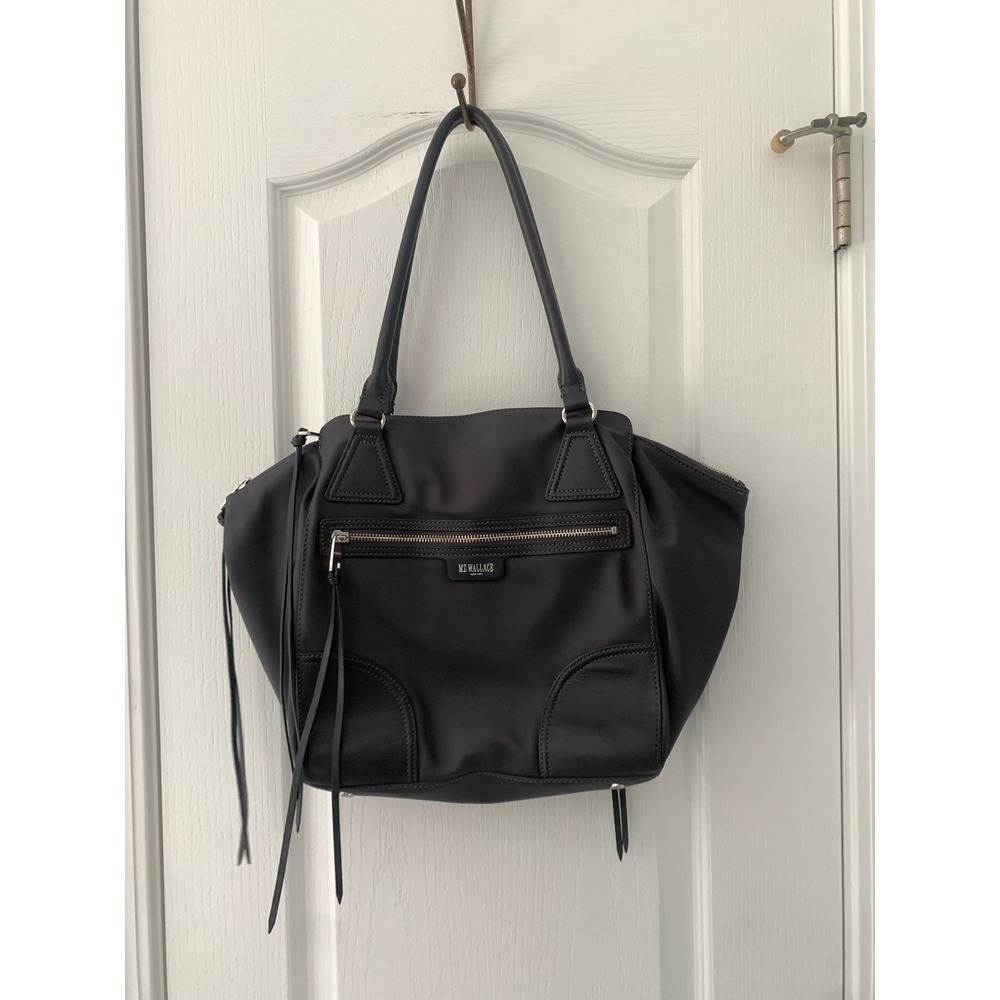 MZ Wallace Jane Black Nylon Leather Trim Satchel Shoulder Bag Tote